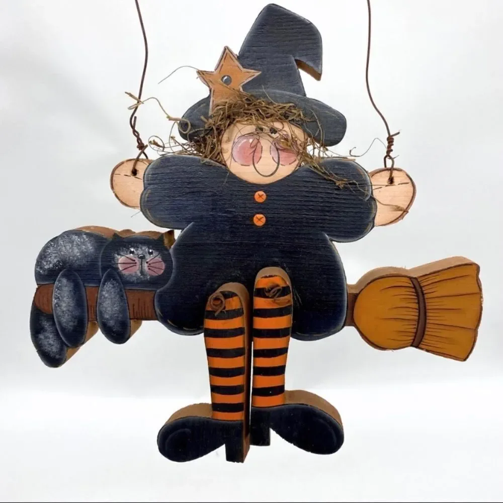 Rustic Halloween Witch Cat Primitive Country Wood Wall Decor